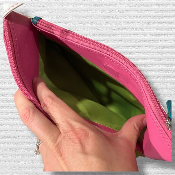 RFID Leather Crossbody Bag Retro Neon Stripe White Pink Green Adjustable Strap - Picture 10 of 13